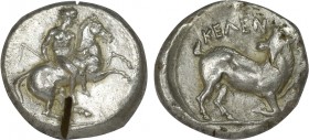 CILICIA. Kelenderis. Stater (Circa 410-375 BC).
Obv: Youth, holding whip and reins, dismounting from horse rearing right.
Rev: ΚΕΛΕΝ.
Goat kneeling ri...