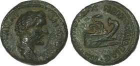 BITHYNIA. Nicomedia. Antoninus Pius (138-161). Ae.
Obv: Bareheaded and draped bust right.
Rev: Prow of galley right surmounted by serpent coiled right...