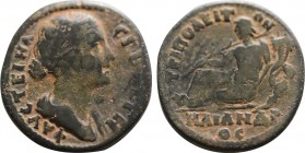 LYDIA. Tripolis. Faustina Junior. Augusta(147-175). Ae. Obv: Draped bust right. Rev: River-god Maiandros reclining left, holding reed and cornucopia, ...