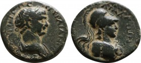 PAMPHYLIA. Attaleia. Trajan (98-117). Ae.
Obv: A K TPAIANOC ΠAPΘIKOC.
Laureate and draped bust right.
Rev: ATTAΛEΩN.
Helmeted bust of Athena right, we...