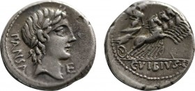 C. VIBIUS C.F. PANSA. Denarius (90 BC). Rome.
Obv: PANSA.
Laureate head of Apollo right; E to lower right.
Rev: C VIBIVS C F.
Minerva, holding tro...