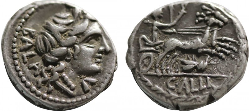 C. ALLIUS BALA. Denarius (92 BC). Rome. Obv: BALA. Diademed female head (Diana?)...