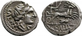 C. ALLIUS BALA. Denarius (92 BC). Rome. Obv: BALA. Diademed female head (Diana?) right; L to lower right. Rev: C ALLI. Diana, holding spear, reins and...