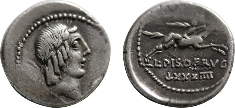 L. PISO L.F. L.N. FRUGI. Denarius (90 BC). Rome.
Obv: Laureate head of Apollo r...