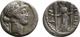 P. CLODIUS M.F. TURRINUS. Denarius (42 BC). Rome.
Obv: Laureate head of Apollo right; lyre to left.
Rev: P CLODIVS / M F.
Diana standing right, hol...