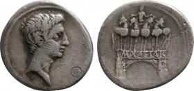 AUGUSTUS (27 BC-14 AD). Denarius. Uncertain Italian mint, possibly Rome.
Obv: Bare head right.
Rev: Octavian's Actian arch (Arcus Octaviani) surmoun...