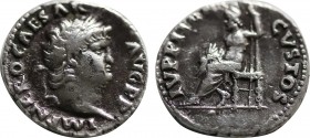 NERO (54-68). Denarius. Rome.
Obv: NERO CAESAR AVGVSTVS.
Laureate head right.
Rev: IVPPITER CVSTOS.
Jupiter seated left on throne, holding thunderbolt...