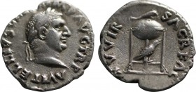 VITELLIUS (69). Denarius. Rome.
Obv: A VITELLIVS GERMANICVS IMP.
Bare head right.
Rev: XV VIR SACR FAC.
Tripod, dolphin on top, raven on strut bet...