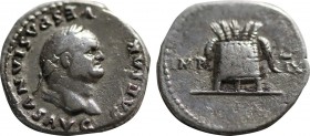 Vespasian. (69-79). Denarius. Rome, AD 77/8. Obv: CAESAR VESPASIANVS AVG, laureate head of Vespasian right. Rev. IMP XIX across field, modius with sev...