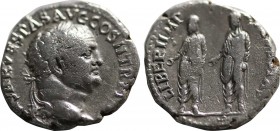 VESPASIAN with TITUS and DOMITIAN (69-79). Denarius. Ephesus. Obv: IMP CAESAR VESPAS AVG COS II TR P P P. Laureate head right. Rev: LIBERI IMP AVG VES...