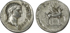 DOMITIAN (Caesar, 69-81). Denarius. Rome.
Obv: CAESAR AVG F DOMITIANVS.
Laureate head right.
Rev: COS IIII.
Pegasus standing right, raising foreleg.
R...