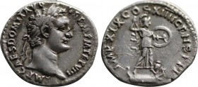 DOMITIAN (81-96). Denarius. Rome. Obv: IMP CAES DOMIT AVG GERM P M TR P VIIII. Laureate head right. Rev: IMP XIX COS XIIII CENS P P P. Minerva, holdin...