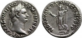 DOMITIAN (81-96). Denarius. Rome.
Obv: IMP CAES DOMIT AVG GERM P M TR P XV.
Laureate head right.
Rev: IMP XXII COS XVII CENS P P P.
Minerva standing l...