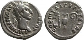 NERVA (96-98). Denarius. Rome.
Obv: IMP NERVA CAES AVG P M TR POT.
Laureate head right.
Rev: COS III PATER PATRIAE.
Priestly emblems: simpulum, asperg...