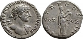 HADRIAN (117-138). Denarius. Rome.
Obv: IMP CAESAR TRAIAN HADRIANVS AVG.
Laureate bust right, slight drapery on far shoulder.
Rev: P M TR P COS III / ...