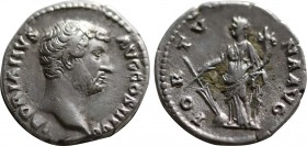 HADRIAN (117-138). Denarius. Rome.
Obv: HADRIANVS AVG COS III P P.
Bare head right.
Rev: FORTVNA AVG.
Fortuna standing left, holding cornucopia and ru...