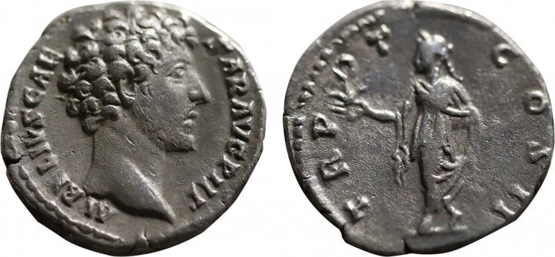 MARCUS AURELIUS (161-180). Denarius. Rome.
Obv: AVRELIVS CAESAR AVG PII F.
Bare ...