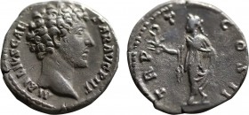 MARCUS AURELIUS (161-180). Denarius. Rome.
Obv: AVRELIVS CAESAR AVG PII F.
Bare head right.
Rev: TR POT COS II.
Spes advancing left, holding flower an...