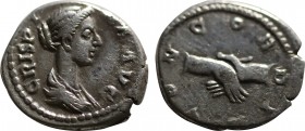CRISPINA (Augusta, 178-182). Denarius. Rome.
Obv: CRISPINA AVG.
Draped bust right.
Rev: CONCORDIA.
Clasped hands.
RIC 279a (Commodus); T&M 282.
Condit...