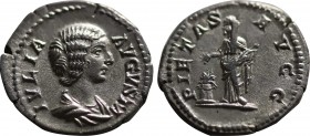 JULIA DOMNA (Augusta, 193-217). Denarius. Rome. Obv: IVLIA AVGVSTA. Draped bust right. Rev: PIETAS AVGG. Pietas standing left, holding acerrum and dro...