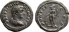 GETA (Caesar, 198-209). Denarius. Rome.
Obv: P SEPTIMIVS GETA CAES.
Bare-headed and draped bust right.
Rev: PONTIF COS.
Minerva standing left, leaning...