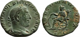Philip I (244-249). Dupondius. Rome. Obv: IMP M IVL PHILIPPVS AVG, laureate, draped and cuirassed bust r., Rev: FORTVNA REDVX Fortuna seated l., holdi...
