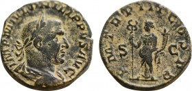 PHILIP I THE ARAB (244-249). Sestertius. Rome.
Obv: IMP M IVL PHILIPPVS AVG.
Laureate, draped and cuirassed bust right.
Rev: P M TR P III COS P P / S ...