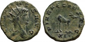 GALLIENUS (253-268). Antoninianus. Rome.
Obv: IMP GALLIENVS AVG.
Radiate head right.
Rev: DIANAE CONS AVG / E.
Deer standing right, head reverted.
MIR...