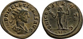DIOCLETIAN (284-305). Antoninianus. Ticinum.
Obv: IMP C VAL DIOCLETIANVS AVG.
Radiate and cuirassed bust right.
Rev: IOVI CONSERVAT / TXXIT.
Jupiter s...