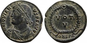 Jovian (363-364). Constantinople.363-4. Obv: Diademed, draped, and cuirassed bust l. Rev: / VOT/ V/ MVLT/ X in four lines within wreath; CONSPA. RIC V...