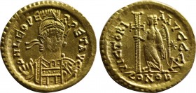 LEO I (457-474). GOLD Solidus. Constantinople.
Obv: D N LEO PERPET AVG.
Helmeted and cuirassed bust facing slightly right, holding spear and shield de...