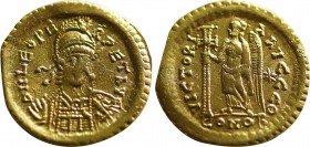 LEO I (457-474). GOLD Solidus. Constantinople. Obv: D N LEO PERPET AVG. Helmeted and cuirassed bust facing slightly right, holding spear and shield de...