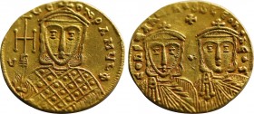 CONSTANTINE V COPRONYMUS with LEO IV and LEO III (741-775). GOLD Solidus Constantinople.
Obv: COҺSTAҺTIҺOS S LЄOҺ O ҺЄOS.
Crowned facing busts of Cons...