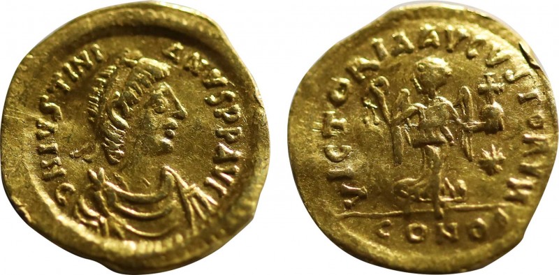 JUSTINIAN I (527-565). GOLD Tremissis. Constantinople.
Obv: D N IVSTNIANVS P P ...