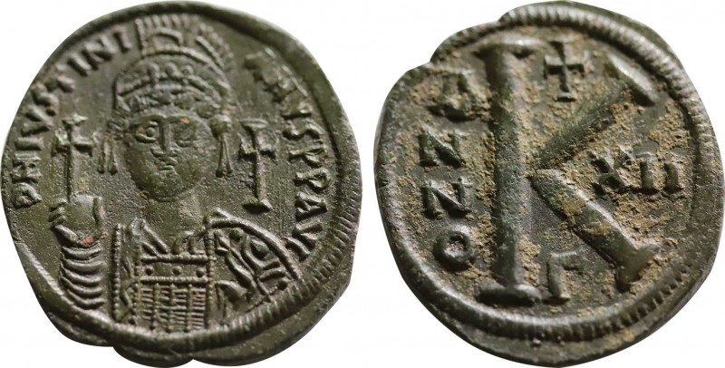 Justinian I. AD 527-565. Dated RY 12=AD 538/9. Constantinople Half follis. Obv: ...