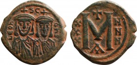 LEO III THE "ISAURIAN", with CONSTANTINE V (717-741). Follis. Constantinople.
Obv: LEOn S COnST.
The busts of Leo, with short beard, and Constantine f...