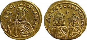 THEOPHILUS (829-842). GOLD Solidus. Constantinople.
Obv: * ΘEOFILOS bASILE Θ.
Crowned facing bust of Theophilus, holding patriarchal cross and akakia....