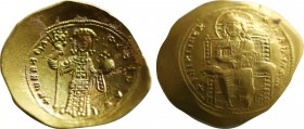 CONSTANTINE X DUCAS (1059-1067). GOLD Histamenon. Constantinople.
Obv: +IΛS XIS REX REGNANTInm.
Christ seated facing on throne with back, wearing nimb...