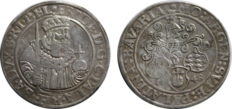 GERMANY. Pfalz. Friedrich II (1505-1556). Silver Taler, 1548. Neumarkt mint. Fac...