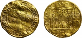 NETHERLANDS. GOLD Ducat (1597). Gelderland.
Obv: CONCORDIA RES PAR CRES GEL.
Knight standing right, with sword on shoulder and holding a bundle of arr...
