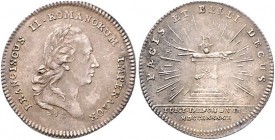 Deutsche Medaillen. 
Römisch-Dt. Reich/Österreich. 
Franz II. 1792-1806. Silberjeton 1792, 22,3 mm, 1,98 g, auf seine Kaiserkrönung, belorb. Bü. re....