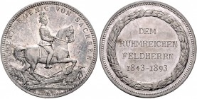 Deutsche Medaillen. 
Sachsen. 
Albert 1873-1902. Silbermed. 1893, v. L. Diller, 50-jähr. Militärjubiläum des Königs, Albert n. re. über Trophäen rei...