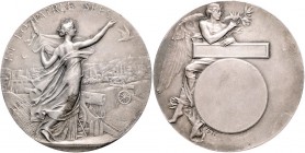 Jugendstil (Art nouveau)-Medaillen. 
Frankreich. Versilb. Bronzemed. 1894, v. Alfred Borrel, Patria mit Fahne entsendet Taube über Geschützstellung v...