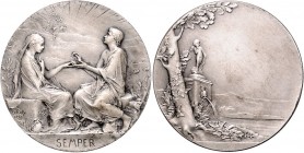 Jugendstil (Art nouveau)-Medaillen. 
Frankreich. Silberne Hochzeitsmed. 1895, v. Oscar Roty, Hochzeitspaar vor Ideallandschaft sitzend, unten SEMPER/...