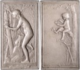 Jugendstil (Art nouveau)-Medaillen. 
Frankreich. Silberplakette o.J. (1899), v. Daniel Dupuis (1849-1899), "Le Nid" ("Das Nest"), nacktes Mädchen, au...
