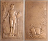 Jugendstil (Art nouveau)-Medaillen. 
Frankreich. Bronzeplakette o.J. (um 1900), v. L\'e9on Deschamps, "L' Etude" ("Das Studium"), stehende nackte Fra...