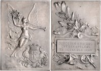 Jugendstil (Art nouveau)-Medaillen. 
Frankreich. Versilb. Bro.-Plakette o.J. (um 1900), v. Jean Marie Delpech, schwebende Viktoria mit Kranz u. Fanfa...