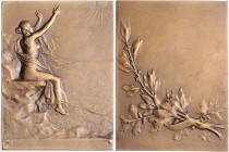 Jugendstil (Art nouveau)-Medaillen. 
Frankreich. Bronzeplakette o.J. (um 1900), v. Henri Dubois, nackte Frau auf Uferfelsen, die Sonne anbetend/gebun...