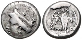 Münzen der griechischen Welt. 
Pontos/Amisos. 
Drachme, 4,06 g, ca. 400-350 vdZ, Magistrat?, Tychekopf li./Eule mit geöffneten Flügeln auf Schild st...