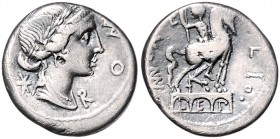 Römische Münzen. 
Republik. 
Mn. Aemilius Lepidus, 114 o. 113 vdZ. Denar, 3,86 g, Roma (?)-Kopf re., dahinter Wertzahl Stern/Reiterstandbild auf Aqu...